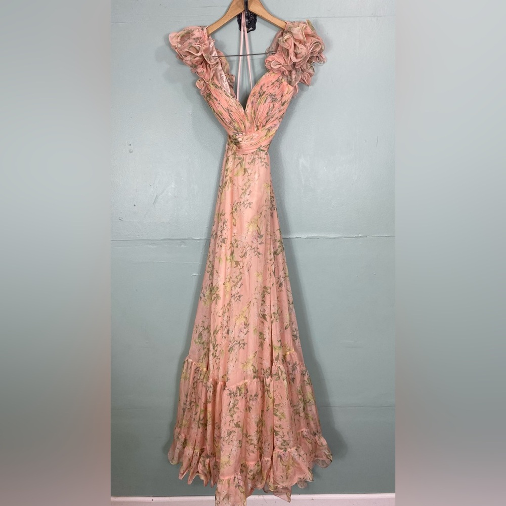 Mac Duggal Ruffle Floral Pink Gown Maxi Dress Size 4 FLAWED FLAWED FLAWED‎